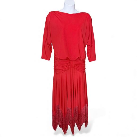 Vintage 80s Pat Richards Red Fringe Hem Cowl Back Ruched Waist Dress Size 10 USA - Picture 1 of 12